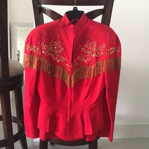 Red western cowgirl skirt suit with gold details